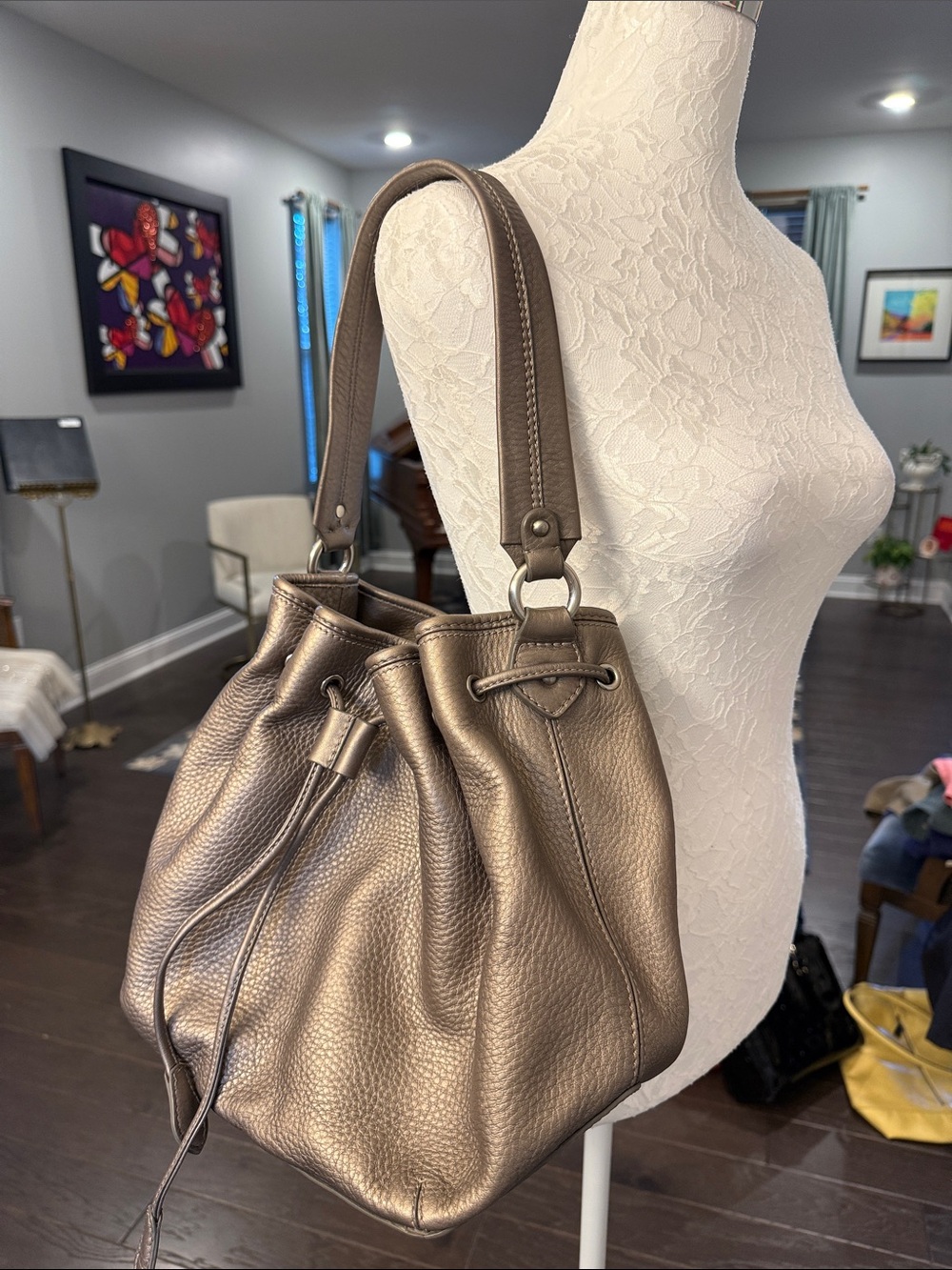 Cole Haan Pebbled Leather Drawstring Hobo in Taupe Brown - Picture 2 of 15